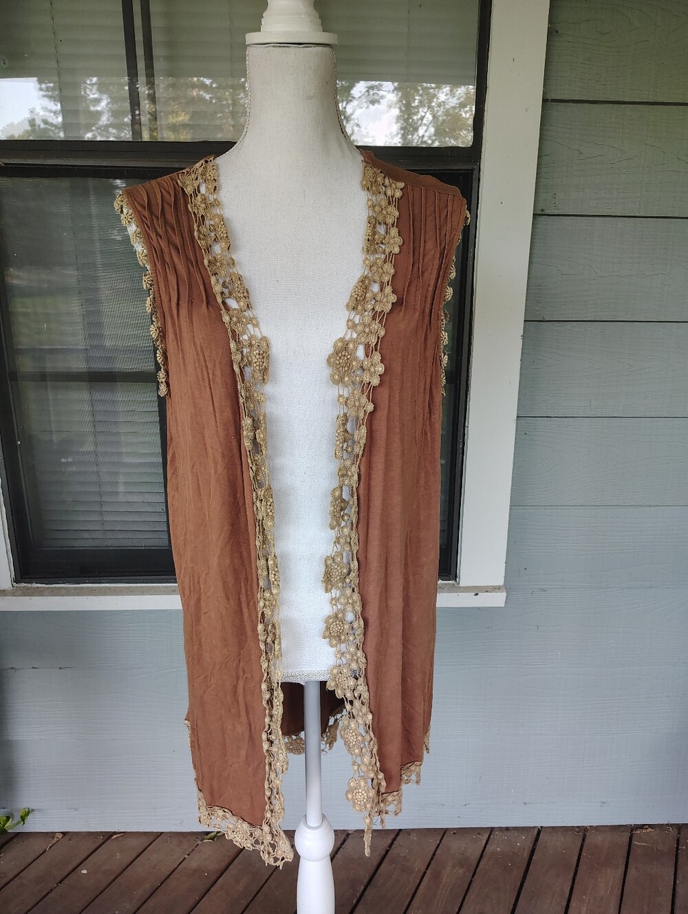 Brown Lace-Trim Sleeveless Duster Vest
